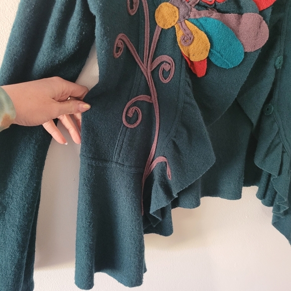 Anthropologie Sleeping On Snow Large Floral Wool Cardigan Sweater Jacket Green - Picture 5 of 8
